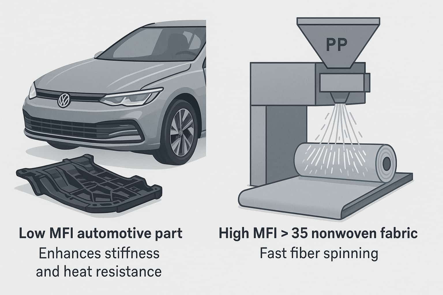 A polypropylene (PP) used for automotive parts may have a low MFI