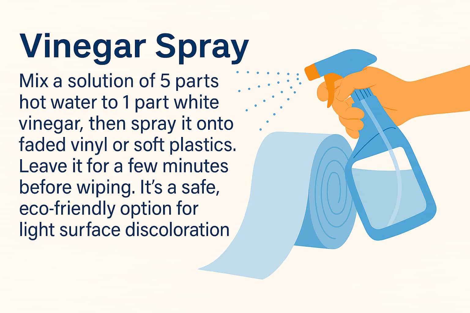 Spray bottle applying vinegar solution to a roll of vinyl plastic to clean surface discoloration